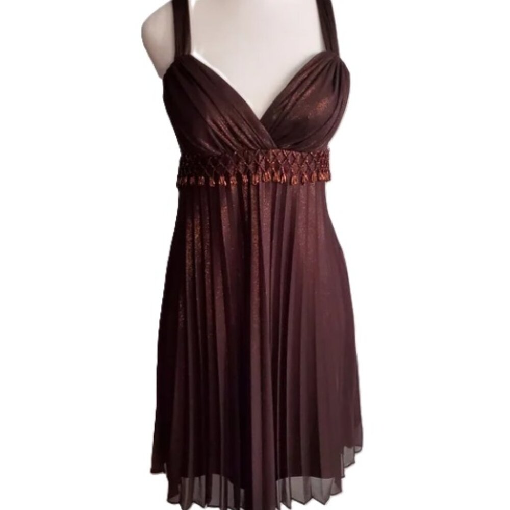 Shimmery Bronze Baby Doll Dress Strappy Sweetheart Neckline Flowy Skirt Size 6P